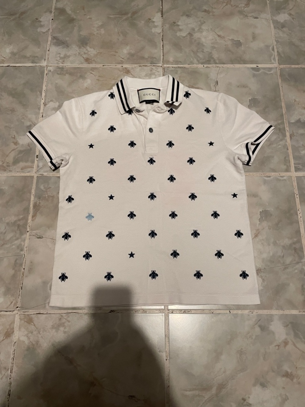 Gucci White Polo with Navy Bee & Star Embroidery SZ Small